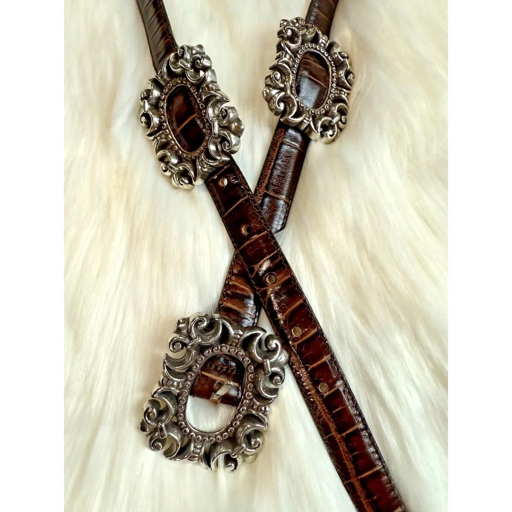Vtg ALC Leather Concho Belt Women L Western Boho Buckle Stamped Alligator Print